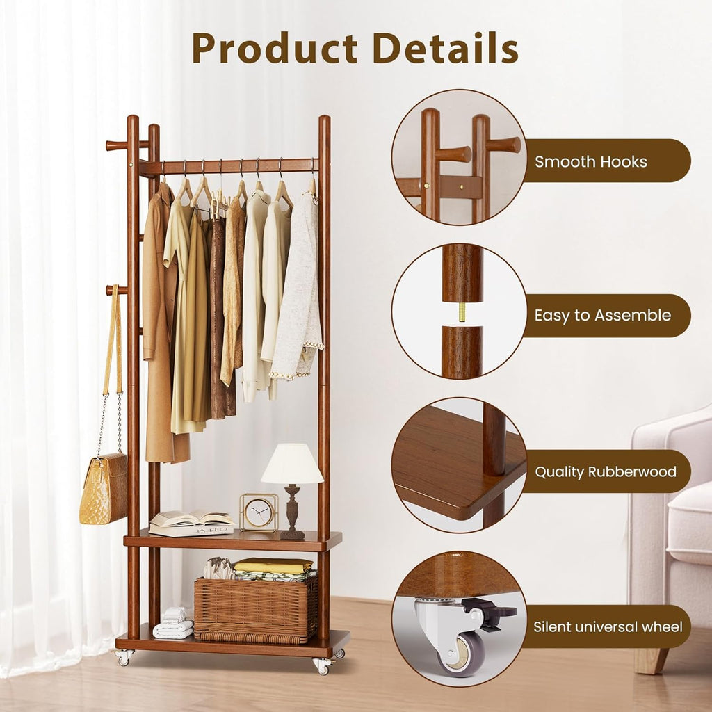 Coat Rack Freestanding Clothing Rack with Wheels, Coat Tree Freestanding Heavy Duty with 2 Storage Shelves and 5 Hooks, Wood Garment Rack for Corner Bedroom Hallway Entryway Living Room Hotel