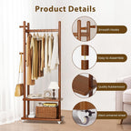 Coat Rack Freestanding Clothing Rack with Wheels, Coat Tree Freestanding Heavy Duty with 2 Storage Shelves and 5 Hooks, Wood Garment Rack for Corner Bedroom Hallway Entryway Living Room Hotel