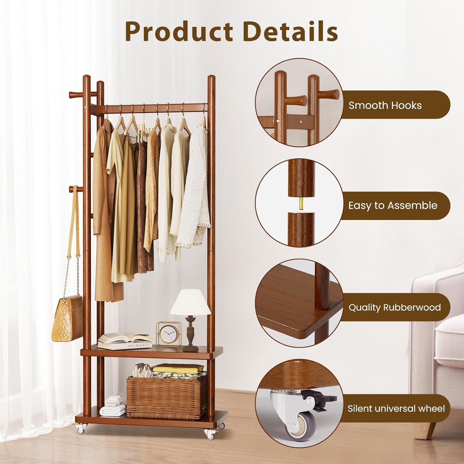 Coat Rack Freestanding Clothing Rack with Wheels, Coat Tree Freestanding Heavy Duty with 2 Storage Shelves and 5 Hooks, Wood Garment Rack for Corner Bedroom Hallway Entryway Living Room Hotel