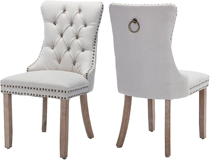 Dining Chairs Set of 2, Upholstered Tufted Linen Fabric Dining Room Chairs with High Back, Nailhead Trim and Solid Wood Legs, Modern Dining Chair for Dining Room, Kitchen(Beige)