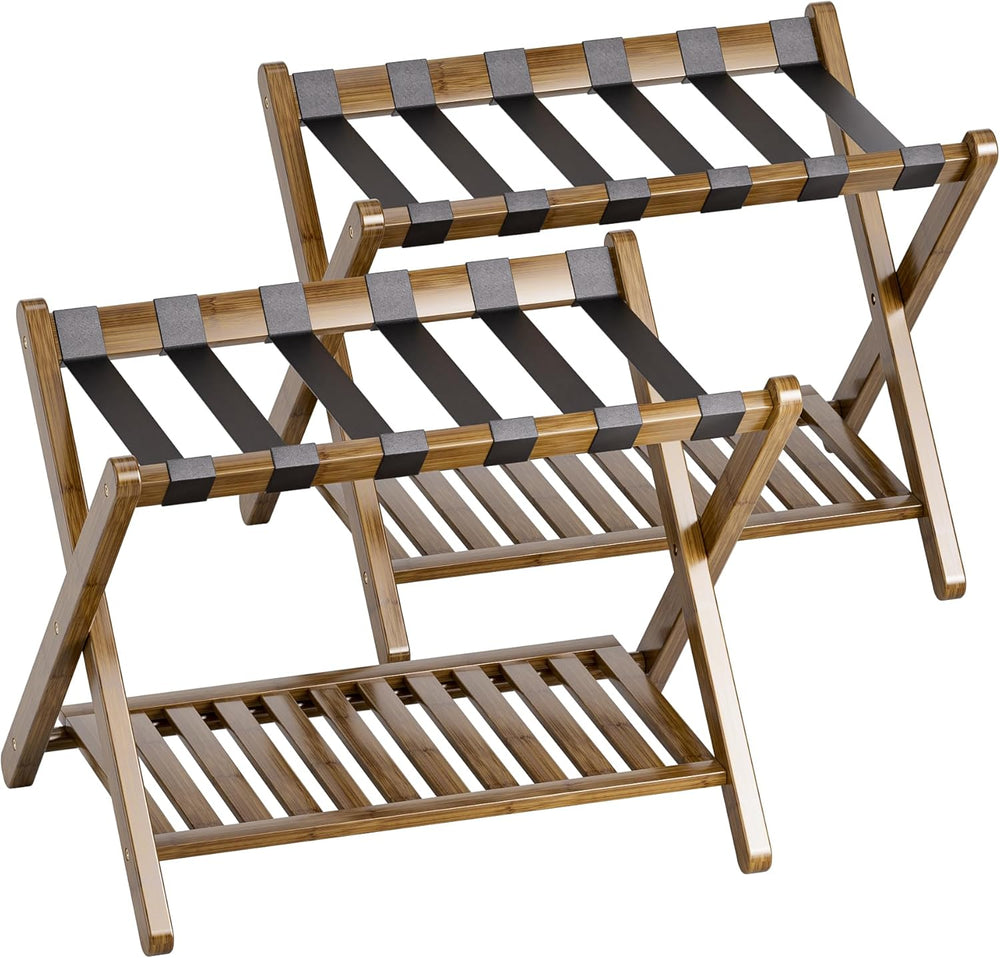 SMIBUY Luggage Rack, Set of 2, Foldable Bamboo Suitcase Stand with Storage Sh...