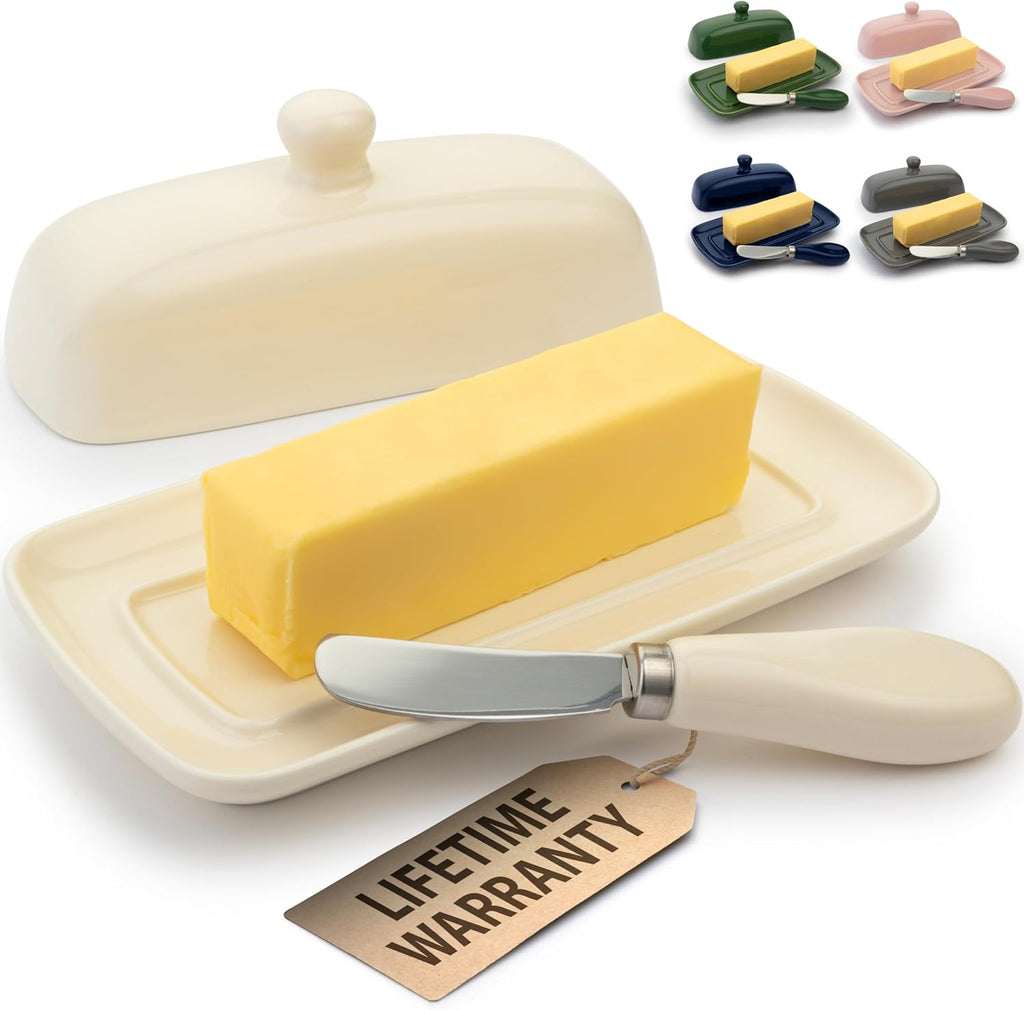 Zulay Butter Dish With Lid For Countertop - Porcelain White, Ceramic Butter Dish with Knob Handle Great for Cooking - Elegant Design Butter Holder - Durable & Sturdy Butter Keeper - Ivory