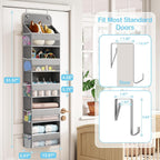LAMU 5 Tier Over The Door Organizer Hanging, Swing - Proof Closet Behind Door Storage with 5 Large Pocket and 10 Side Pockets, Back of Door Organizers for Bedroom, Nursery and Bathroom (2 Pack, Grey)