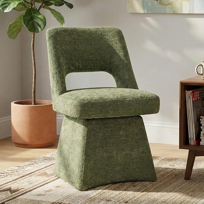 VKNOW Upholstered Swivel Dining Chairs, Modern Dining Room Chairs with Open Back, Chenille Fabric Kitchen Chairs for Dining Room, Living Room, Bedroom, Vanity, Green(1 Pack)