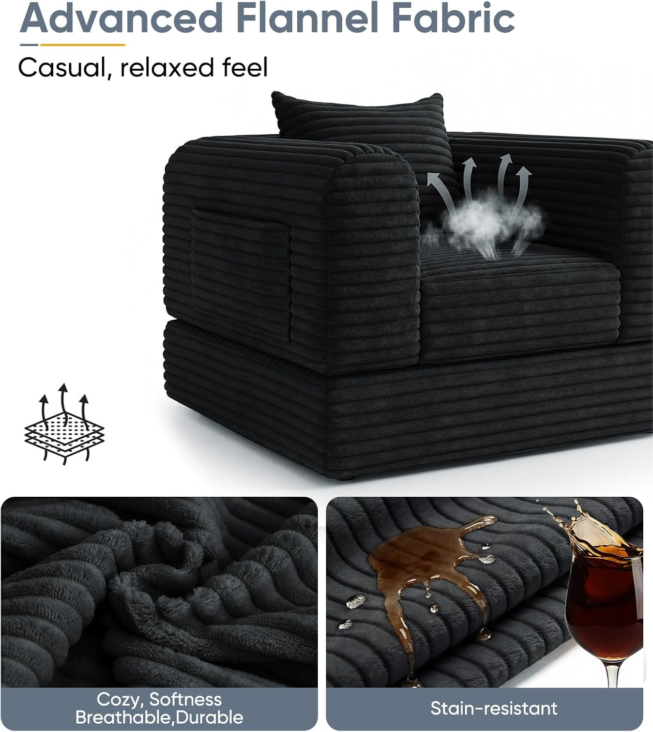 Versatile 2 in 1 Boneless Armchair Chaise Lounge Chair Indoor, Convertible Sleeper Chairs Couch Folding Sofa Bed Oversized Comfy Futon Floor Sofa BeanBag for Reading Nook Living Room Bedroom