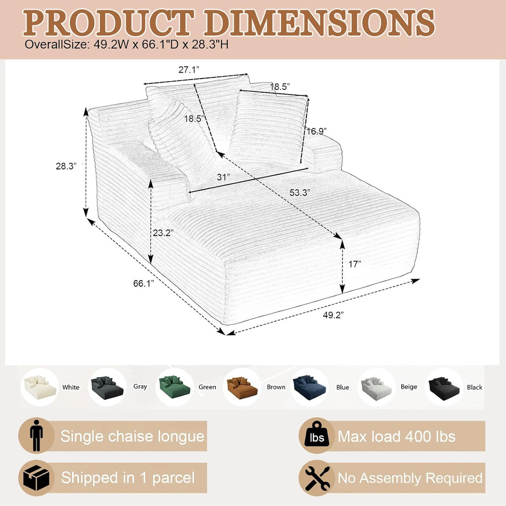 50" Chaise Lounge Chair Indoor, Oversized Boneless Cloud Couch Chair with 3 Pillows, Deep Seat Sleeper Chairs, Reading Chair for Living Room, Bed Room, No Assembly Required, Beige