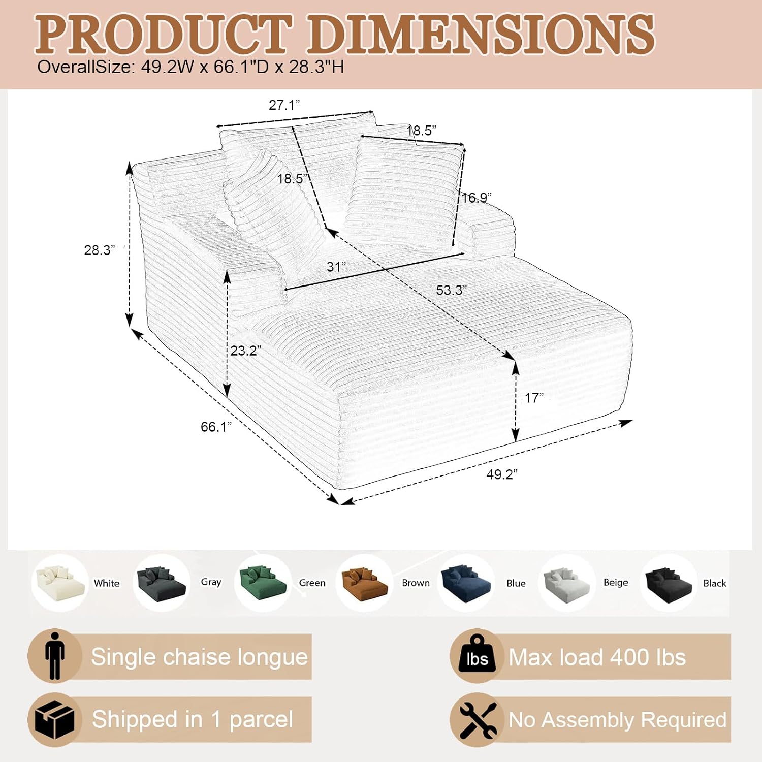 50" Chaise Lounge Chair Indoor, Oversized Boneless Cloud Couch Chair with 3 Pillows, Deep Seat Sleeper Chairs, Reading Chair for Living Room, Bed Room, No Assembly Required, Beige
