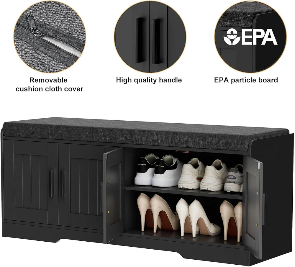 Homleke Shoe Storage Bench, 4 Doors & Thickened Padded Seat Cushion | 2-T...