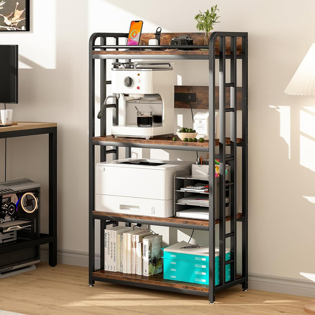 METYERRY Adjustable 4-Tier Heavy Duty Kitchen Baker's Rack with Power Outlet, with Industrial Wheels, Free Standing Microwave Oven Cart Stand for Storage in Living Room, Garage, Rustic Brown