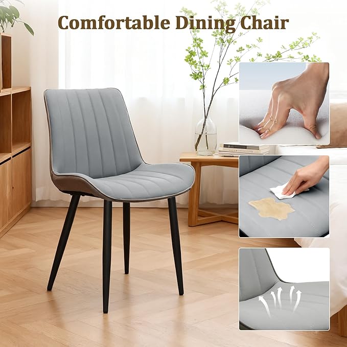 Dining Chairs Set of 4, Leather Modern Kitchen & Dining Room Chairs, Comfortable Upholstered Kitchen Chairs with Metal Legs Armless Side Chairs for Kitchen Restaurant, Light Grey & Dark Grey