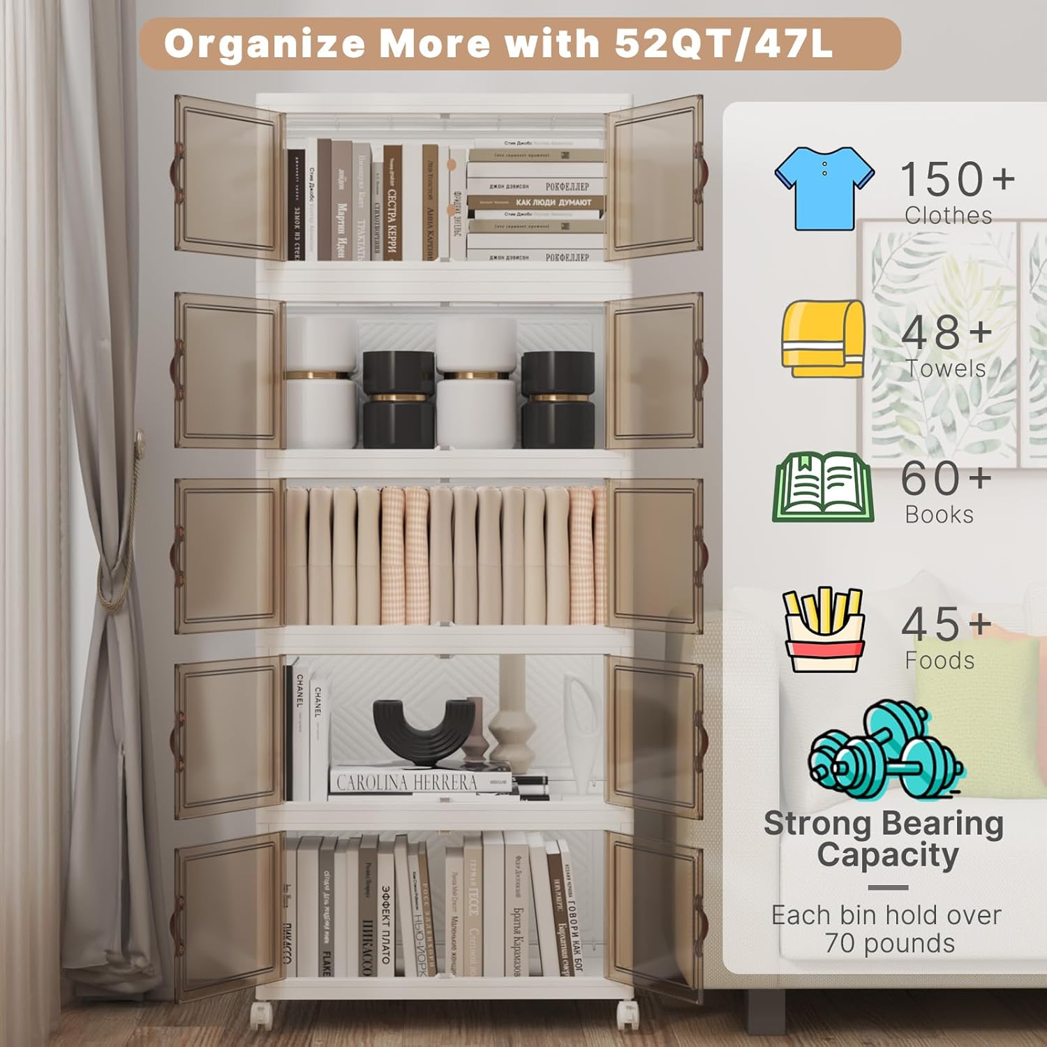 Extra Large Stackable Storage Bins with Lids & Wheels, Foldable Collapsible Closet Organizers Storage Cabinet with Doors for Bedroom Dorm (White, 275QT-55QT/14GAL*5Pack)