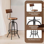 3-Piece Crank Handle Bar Table (33.5"-39.4") & 2 Backrests Stools (26"-32") Set for Pub Kitchen Dining Living Party Bistro Breakfast, Swivel Brown Top, Height Adjustable, Most Weld, Space-Saving