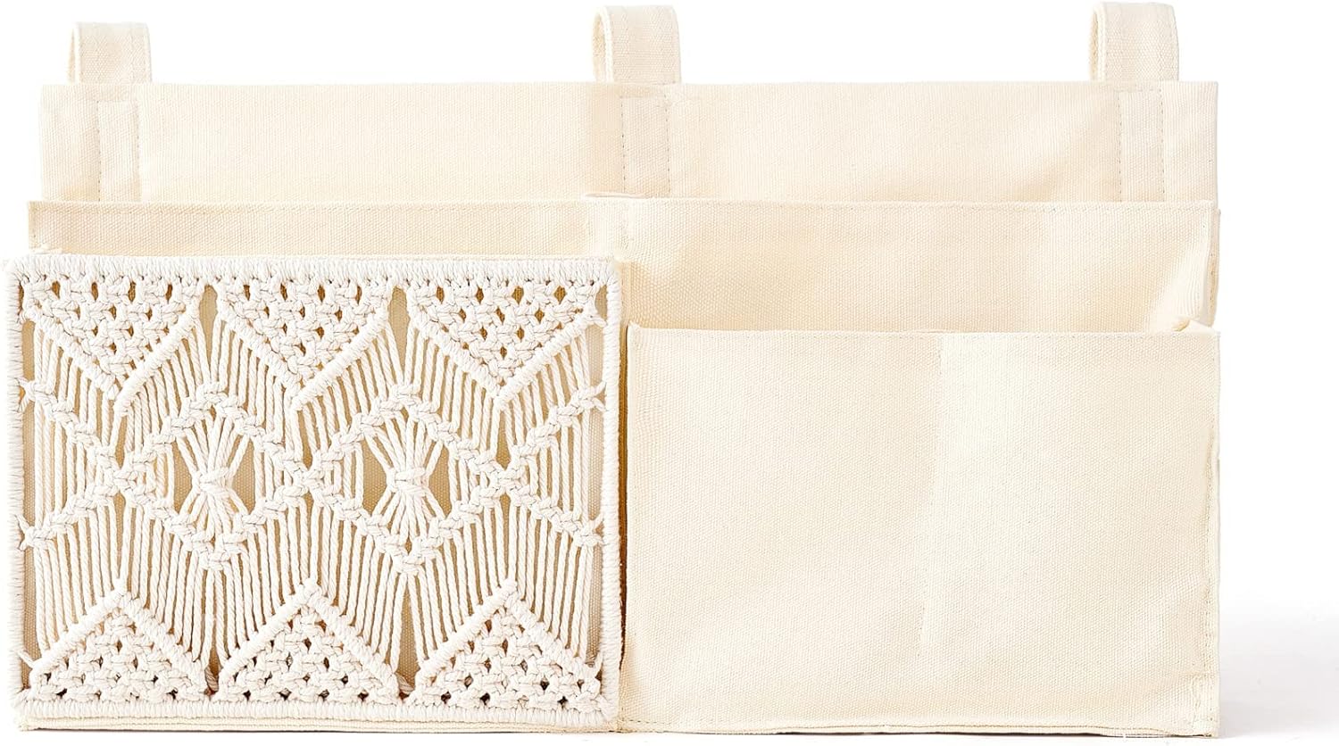 Mkono Bedside Caddy Hanging Organizer, Bunk Woven 7 Pockets Bed Storage Bag Boho Remote Magazine Books Holder with Macrame for Loft Bed College Dorm Bedroom Baby Bed Rails, Ivory