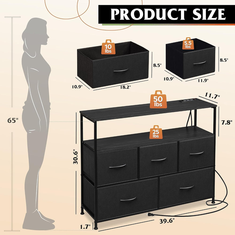 WLIVE 5 Drawer Fabric Dresser Charging Station Bedroom Chest, Black