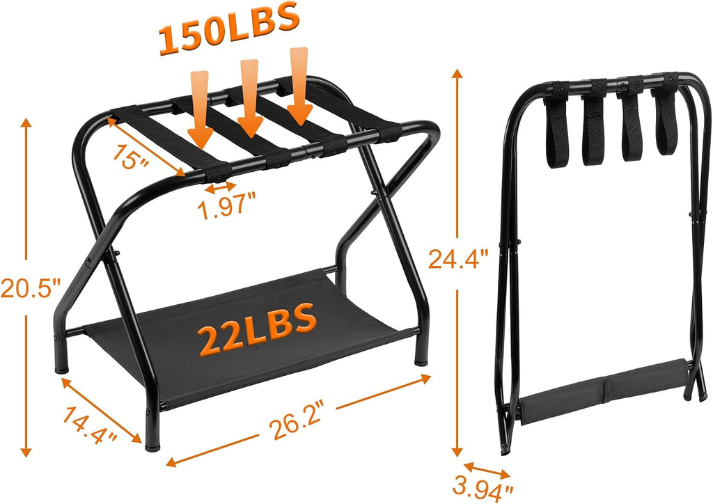 Heybly Luggage Rack for Guest Room, Pack of 2, Steel Folding Suitcase Stand with Storage Shelf for Bedroom, Hotel, Foldable Steel Frame, Guest Room 26.2" L x 14.4" W x 20.5" H, Black HLR004B2