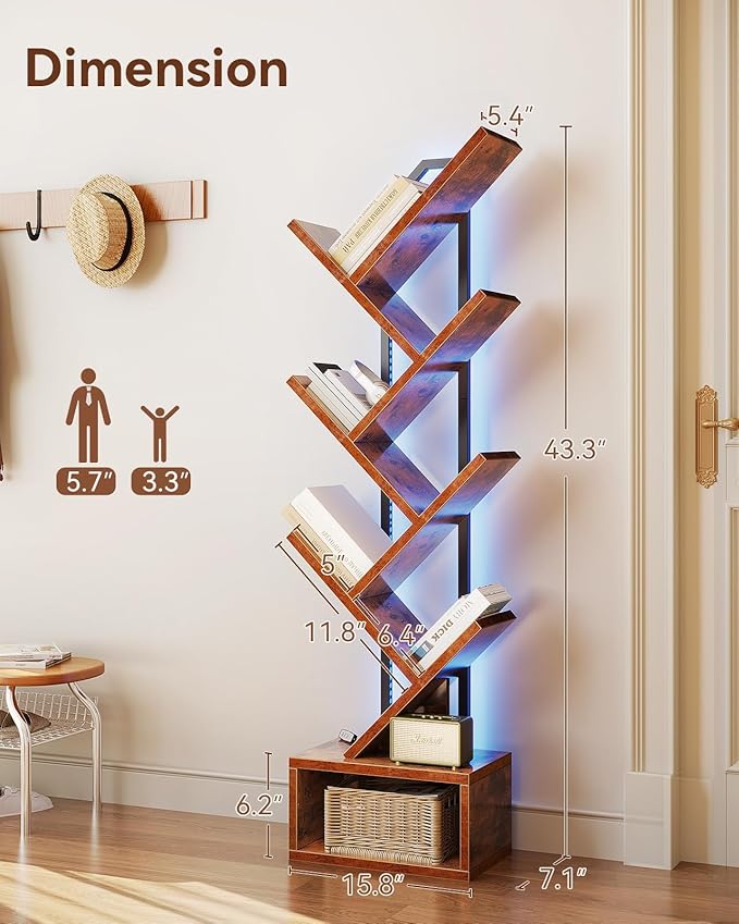 Casaottima 6-Tier Tree Bookshelf — Narrow Floor Standing Bookcase, Tall Steel...