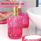 Hot-Pink Glass Bathroom Accessories Set 5 Pcs, Hot-Pink Bathroom Set, Soap Dispenser and Toothbrush Holder Set, Qtip Holder Set, Vintage Bathroom Sink Set, Cute Bathroom Decor