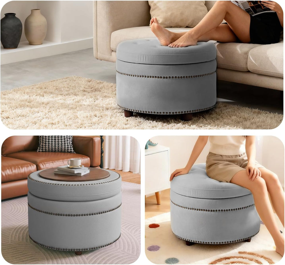 24'' Dual-Surface Lid Round Ottoman – Accent Ottoman with Storage Com...