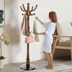 Solid Wooden Coat Rack Stand, Coat Racks Freestanding with 14 Hooks, Natural Birch Wood Coat stands with Sturdy Round Base, Tree Coat Hanger Standing for Entryway Bedroom Office (Walnut disc)
