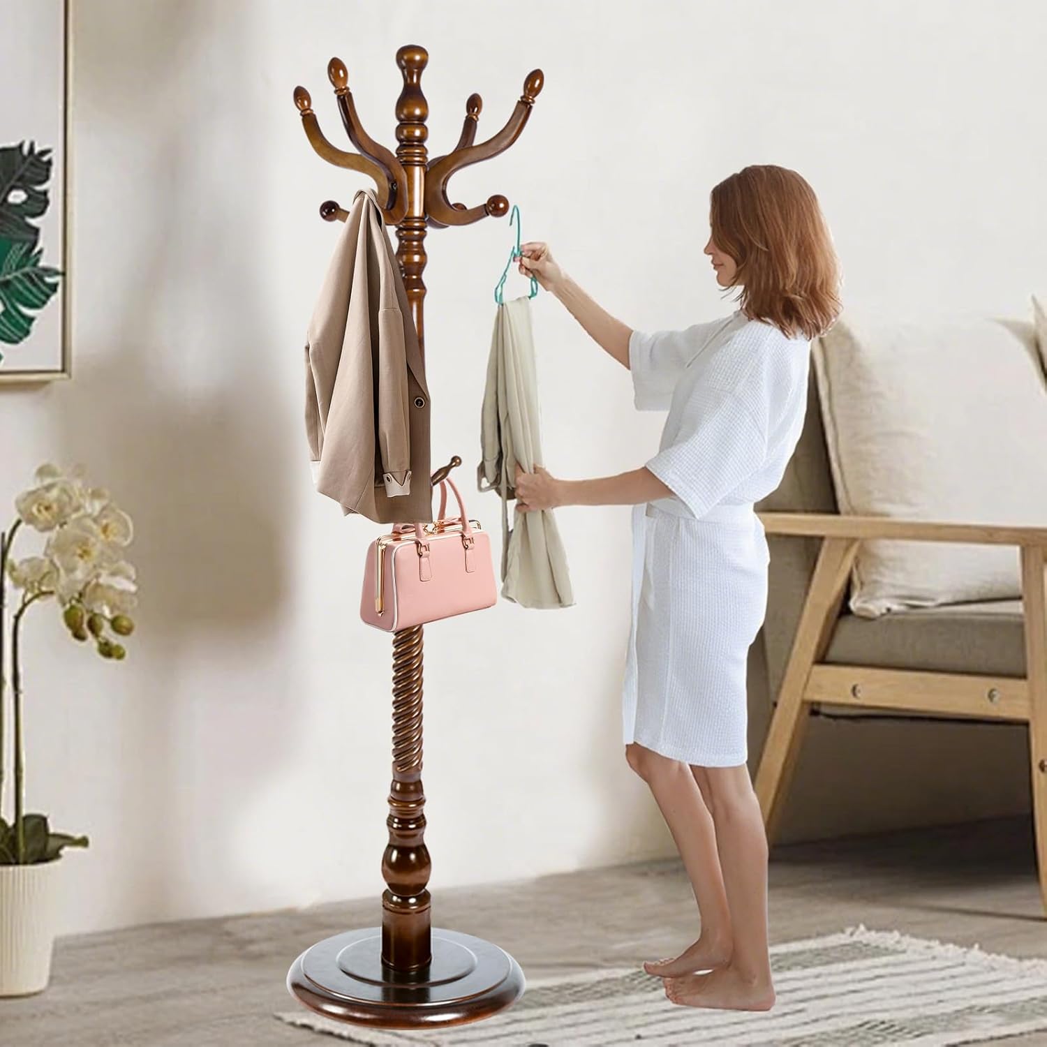 Solid Wooden Coat Rack Stand, Coat Racks Freestanding with 14 Hooks, Natural Birch Wood Coat stands with Sturdy Round Base, Tree Coat Hanger Standing for Entryway Bedroom Office (Walnut disc)