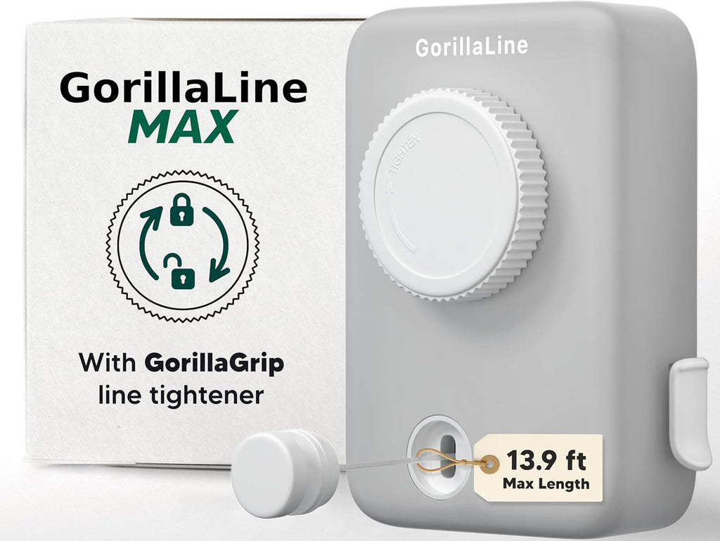 GorillaLine Max - Retractable Clothesline Indoor Outdoor Clothes Line - Heavy Duty Clothes Drying Laundry Line - Wall Mounted Drying Rack - Air Dry Clothing - Max Tighten with GorillaGrip
