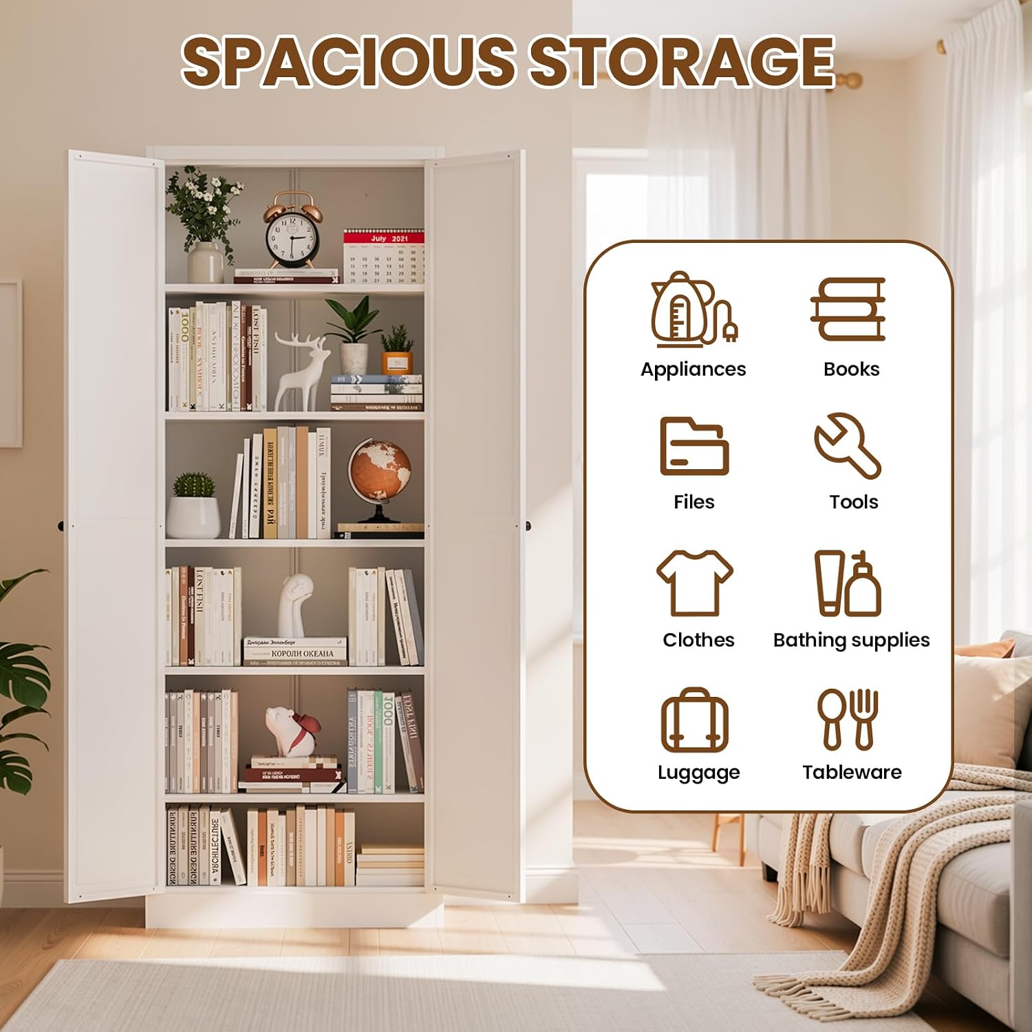 Metal Storage Cabinet, 72" Tall Kitchen Pantry Cabinet with 2 Doors and 5 Adjustable Shelves, White Steel Storage Cupboard for Dining, Office, Living Room, Bathroom
