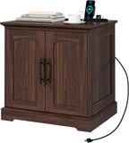 HOKYHOKY Rattan End Table with Charging Station, 24" Large Sofa Side Tabl | 2 Arched Doors, Boho Wood Square Nightstand, Bedside Tables with Adjustable Storage Shelf, Living Room, Bedroom