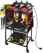 Garage Power Tool Organizer Cart with Charging Station, Floor Stand Rolling Drill Holder and Tool Battery Storage Cart on Wheels, 3-Layer Utility Rack Shelf with 8 Outlet Power Strip,Black