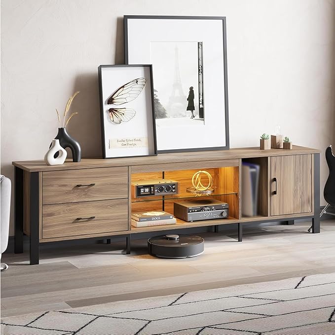 Bestier TV Stand for 75/80/85 inch TV, LED Gaming Entertainment Center, Modern TV Cabinet with Glass Shelves for Living Room, Media Console with 2 Storage Drawers & Cabinets for Bedroom, Pinewood