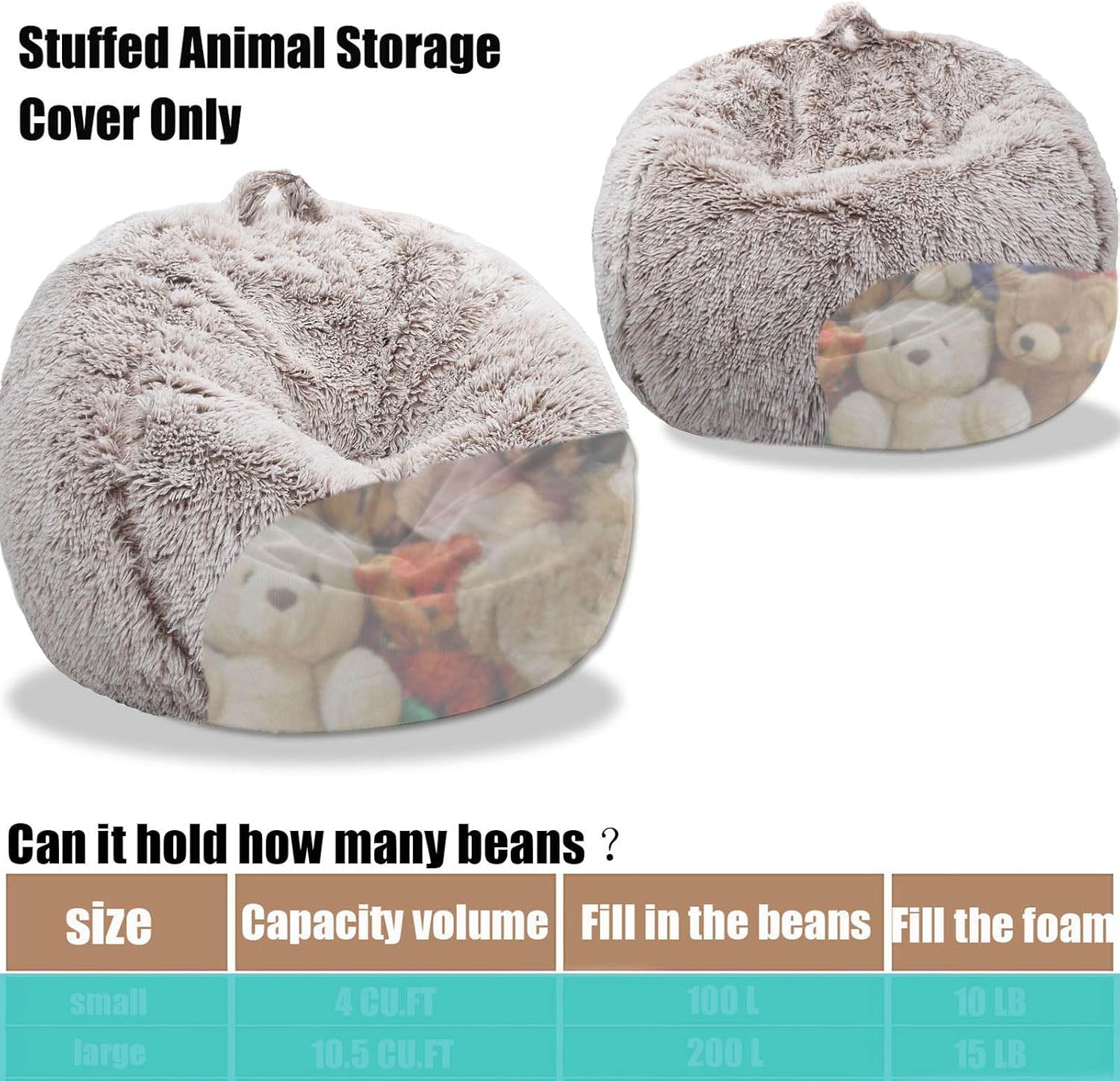 Fluffy Stuffed Animal Storage Bean Bag Chair Cover (No Filler), Faux Fur Comfy Bean Bag Cover for Organizing Plush Toys or Textile, for Adults Teens Kids Girls, Beige