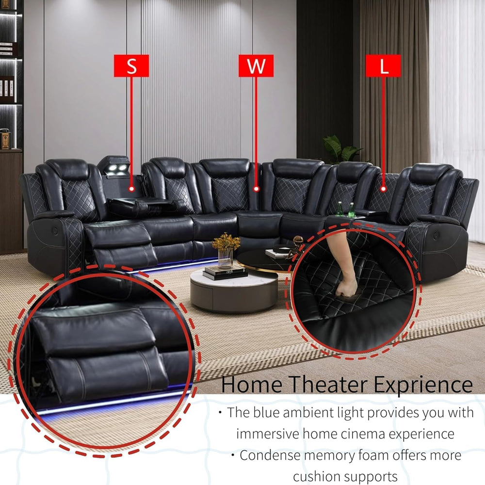 Power Recliner Sofa Sectional Sofa with LED Light for Living Room, Air Leathe...