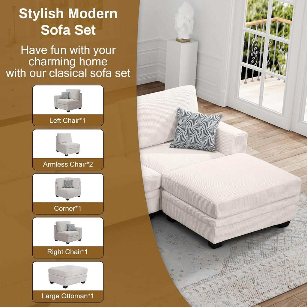 Legend Vansen U-Shaped Modular Sectional Sofa,Corduroy Couch with Ottoman,Deep Seat & Removable Cushion,6-Seat Oversized Sofa,Easy Assembly for Living Room Apartment