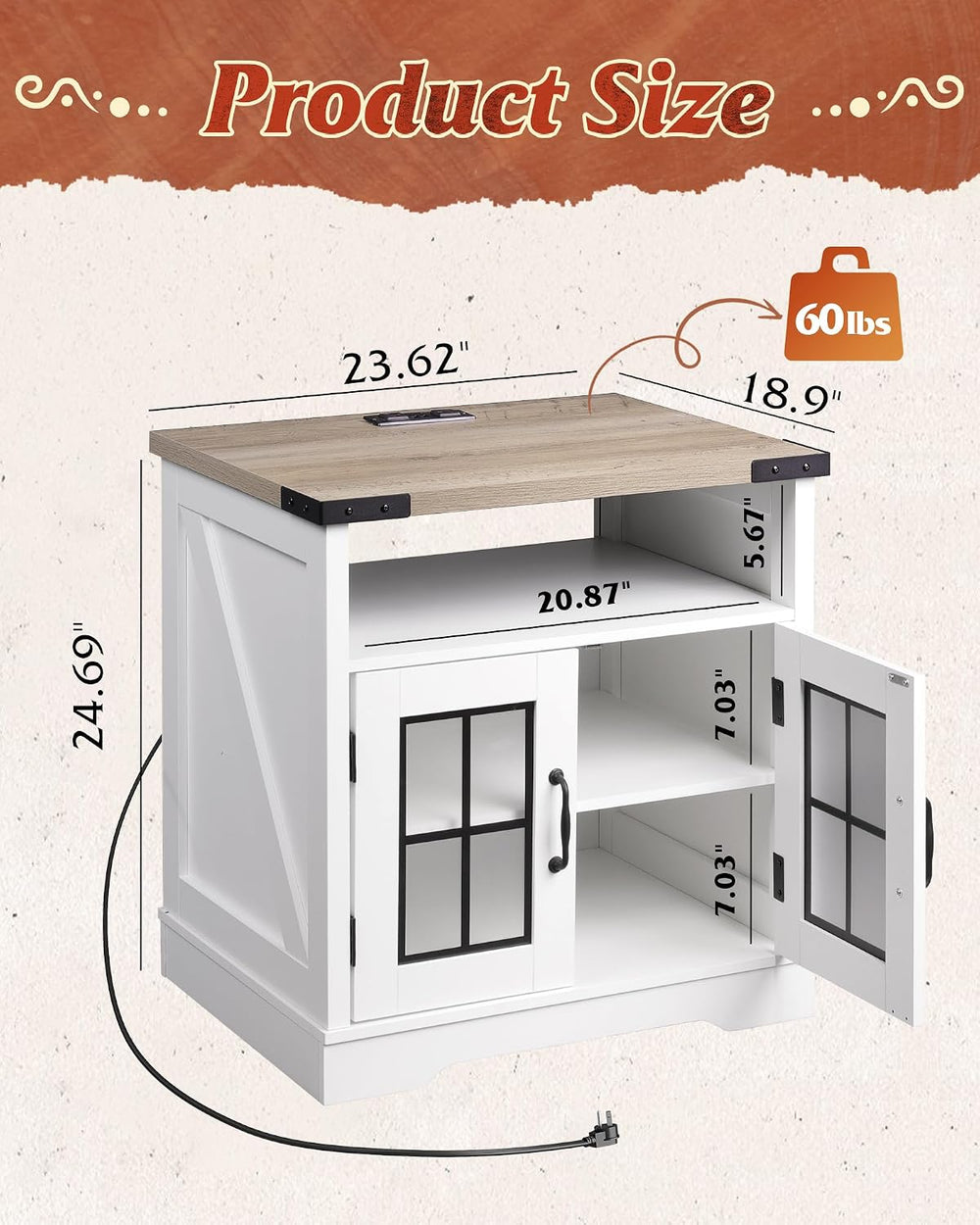WLIVE Farmhouse End Table, 24" Side Table with Charging Station, LED Far...