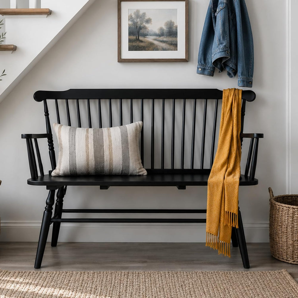Windsor Dining Bench Entryway Bench, Black | Spindle Back, with Armrest, Stur...