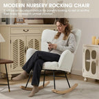 Nursery Rocking Chair, Teddy Upholstered Glider Chair with Thick Cushion, Tufted Gliding Rocker Chair with Wood Leg, Cozy Rocking Armchair, Accent Rocking Chair for Living Room (Ivory)