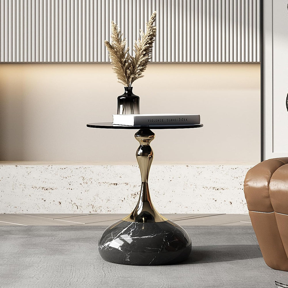 Lartis 10mm Gray Tempered Glass Side Table with Marble-Finish Base & Nano...