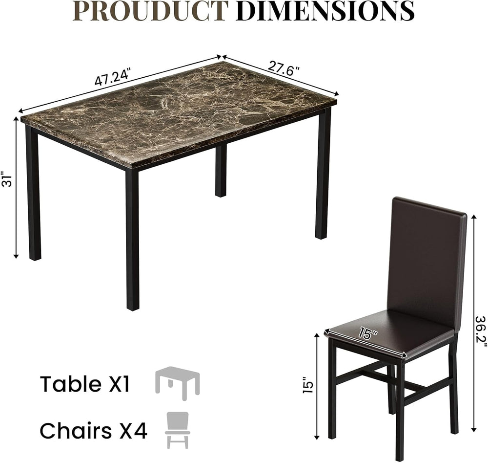 Lamerge Dining Table Set for 4, Faux Marble Table and 4 PU Leather Chairs, Ki...