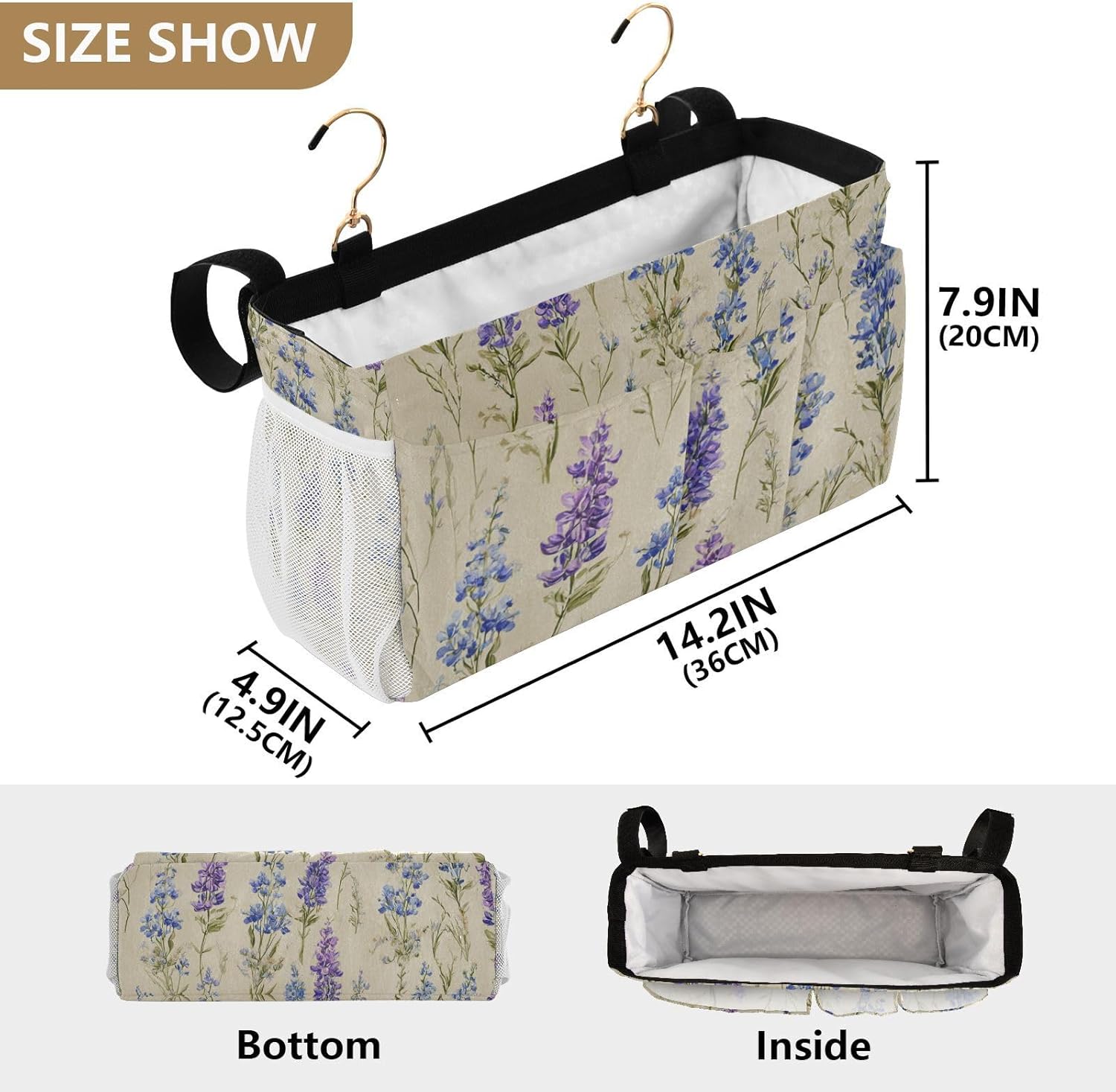 Bluebonnet Lavender Bedside Caddy for Dorm Bed Bedside Hanging Caddy Bag Iron Frame Storage Organizer Pocket for Bunk Home College Hospital Beds 2 Hooks