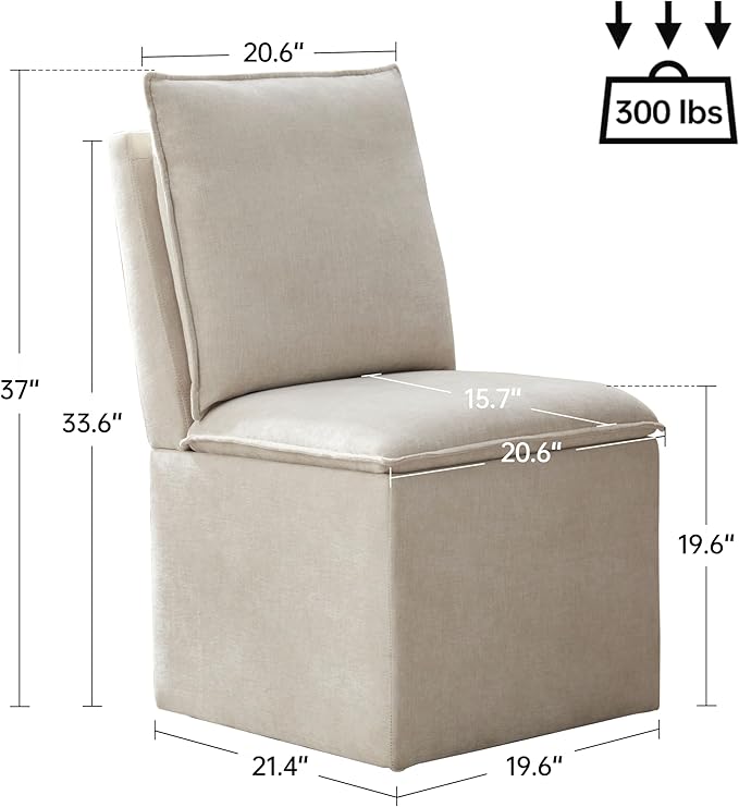 VKNOW Upholstered Dining Chairs Set of 2, Modern Rolling Chairs with Storage and Wheels, Linen Armless Chair with Cushion and Backrest, Dining Room Chairs for Living Room Kitchen Bedroom, Beige