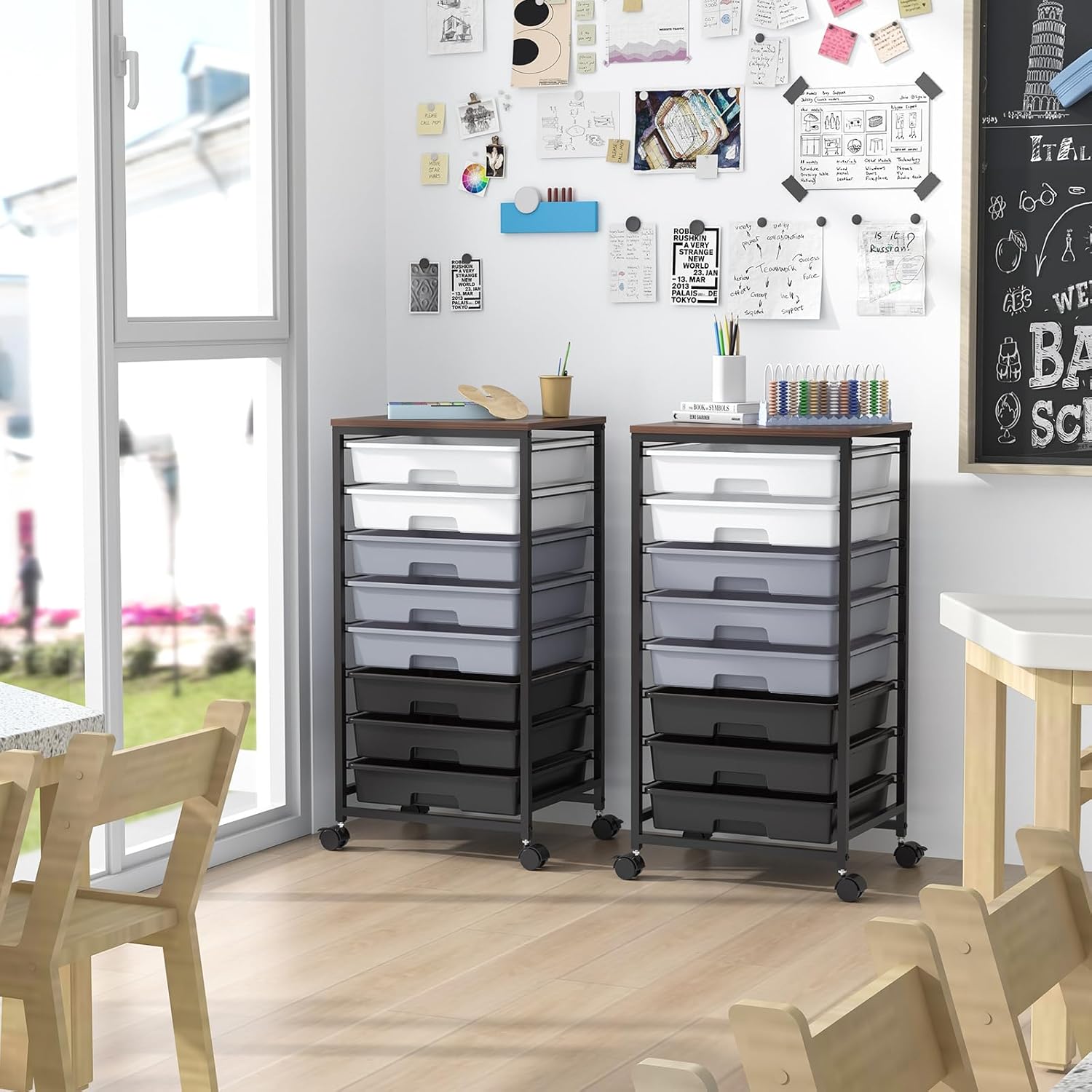 Rolling Cart with Drawers,Utility Cart With 8 Drawers and Wooden Tabletop for Living Room,Classroom,Bedroom,Bathroom,Dorm,Office,Dark Grey