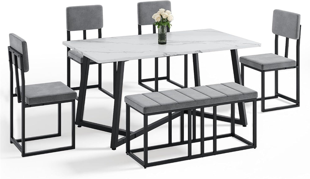 HUGROVE 6-Piece Dining Table Set, 51.18'' Faux Marble Rectangular Tab...