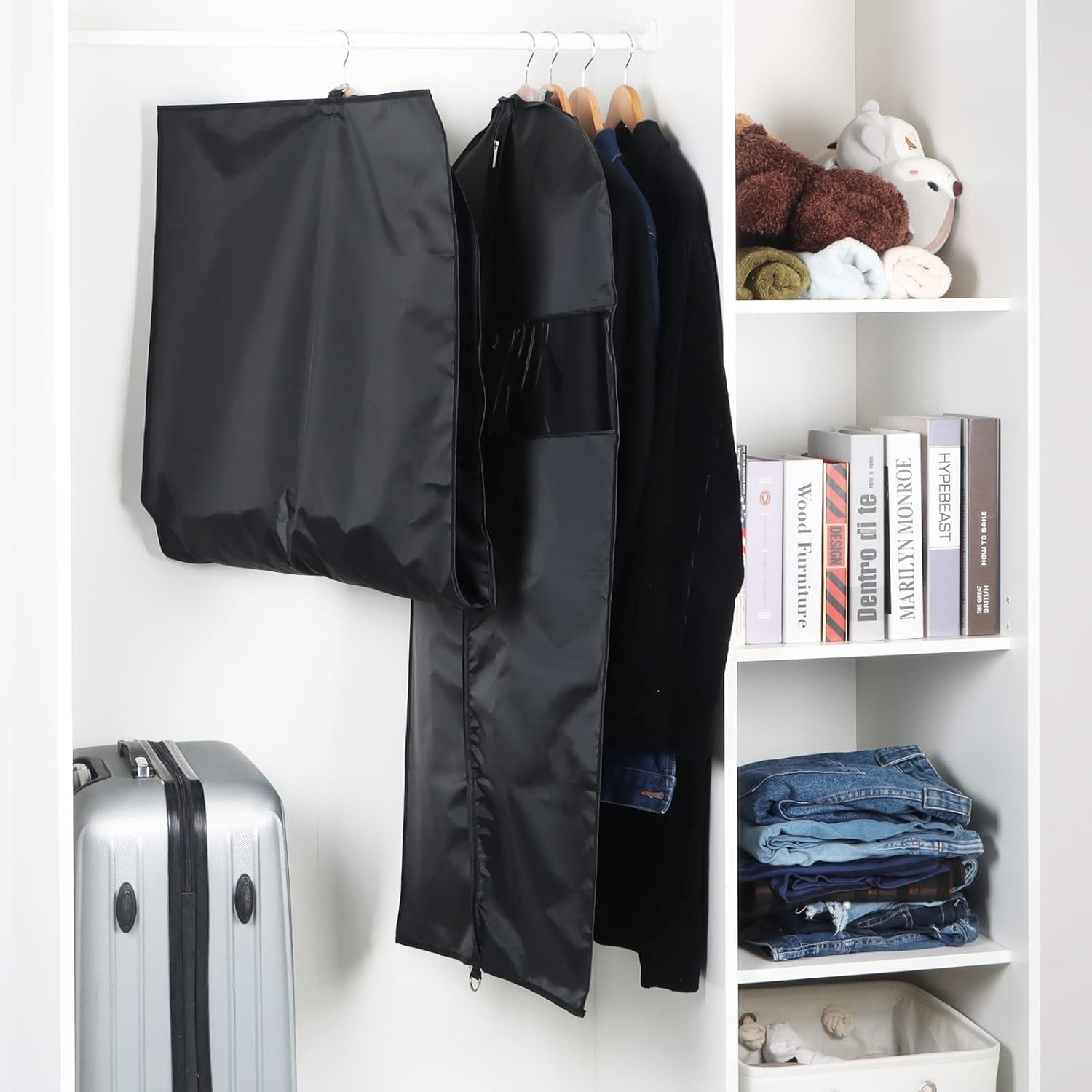 Univivi Garment Bag Suit Bag for Storage and Travel, 43 Inch, Set of 5 | Travel Bag with Zipper and Visible Transparent Window, Oxford Fabrics, Foldable Washable Suit Cover for Jacket, Suits, Coats