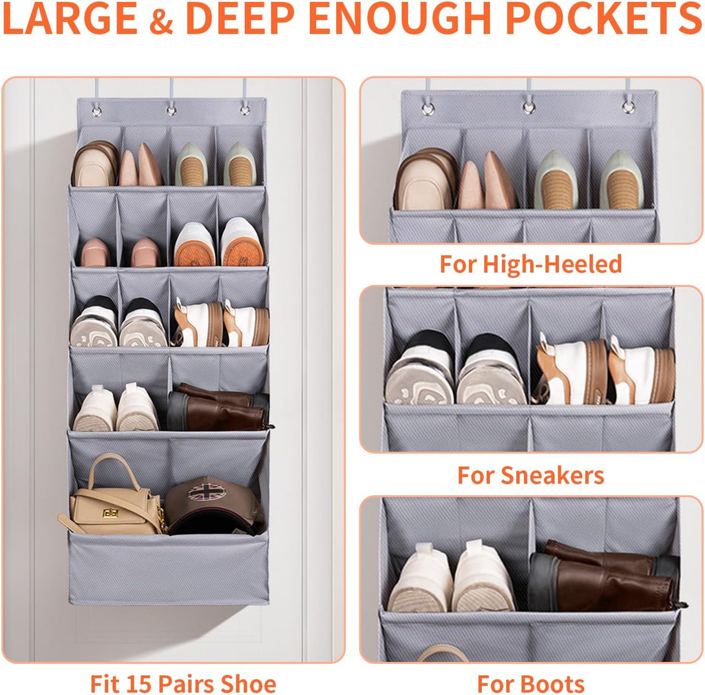 FENTEC 1 Pack Over-the-Door-Shoe-Organizers, Hanging Organizers with Large Pocket Shoe Holder Hanging Shoe Rack for Closet Shoe Organizer for Wall, Over Door Organizer with 15 Pockets Gray