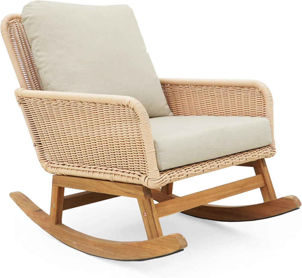 Rocking Chair with Padded Cushions, Modern Glider Chair, Wooden Frame with Ra...