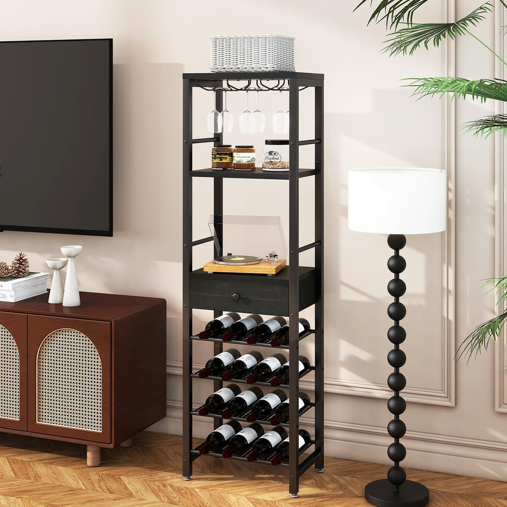 IBUYKE Wine Rack Freestanding Floor with Glass Holder,Black TMJ905B | Bar Cab...