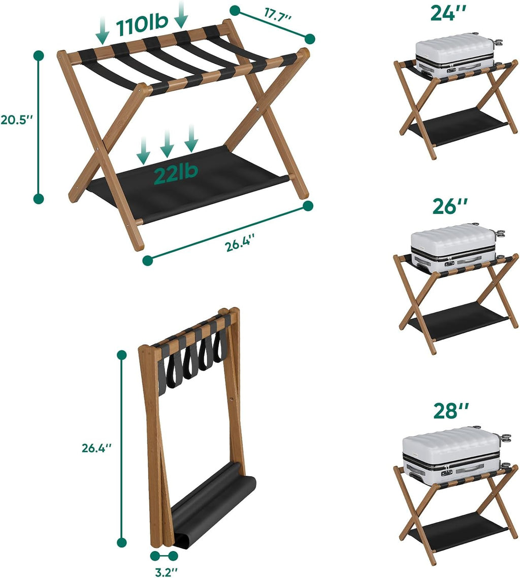 Smuxee Walnut Bamboo Luggage Rack for Guest Room, Foldable Suitcase Stand with Storage Shelf, Easily Assembled Luggage Stand with 5 Nylon Straps for Guest Room Bedroom Hotel
