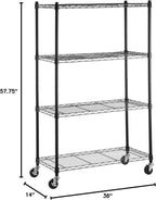 Amazon Basics 4-Shelf Adjustable, Heavy Duty Storage Shelving Unit on 3'' Wheel Casters, Metal Organizer Wire Rack, 36" L x 14" W x 57.75" H, Black