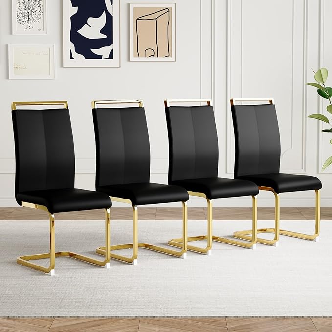 AZmac Modern Leather Dining Chairs Set of 4,Armless Kitchen Chairs,Dining Room Chairs with Upholstered Padded Seat and Sturdy Gold Legs for Dining Room,Kitchen (Set of 4, Black-Gold Leg)