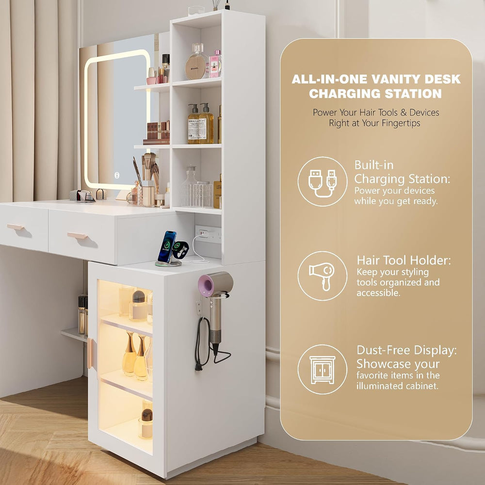 BZK White Makeup Vanity Desk with LED Lighted Mirror & Charging Station, ...