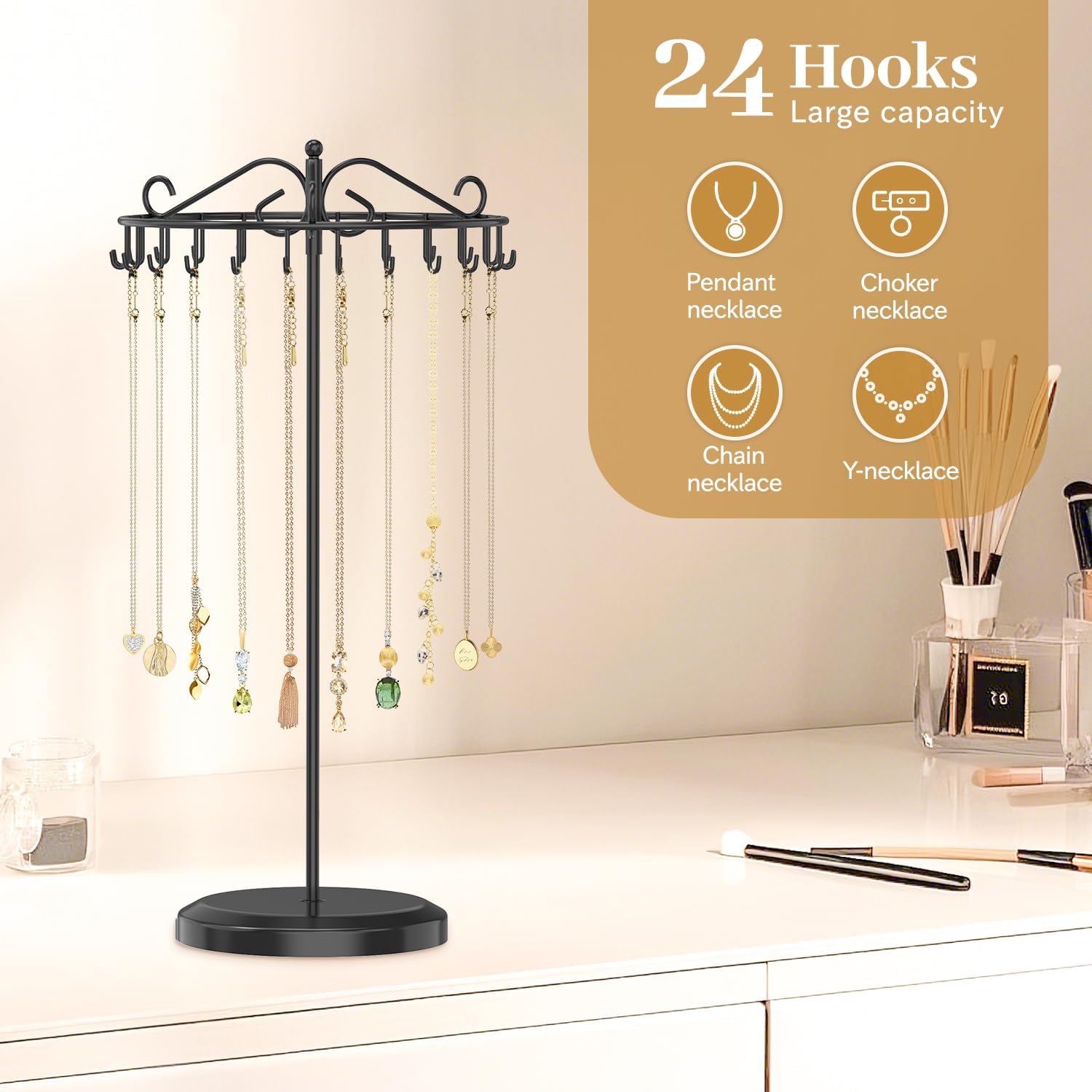 MODOWEY Rotating Necklace Holder Organizer Display Stand with 24 Hooks, Metal Spinning Tree for Long Necklace Hanger Selling, Tall Spinning Bracelet Storage Rack for Men Women Dresser, Black